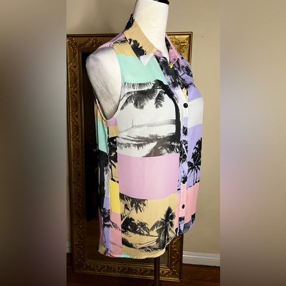 Forever 21 Maui Palm Tree Color Block Button down sleeveless shirt tank top - Picture 5 of 10